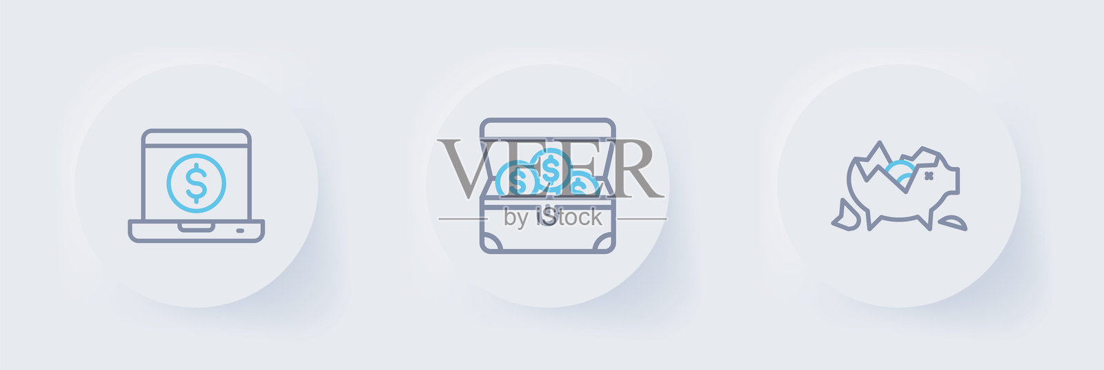 破损的储蓄罐、宝箱和带有美元图标的笔记本电脑。矢量图。插画图片素材