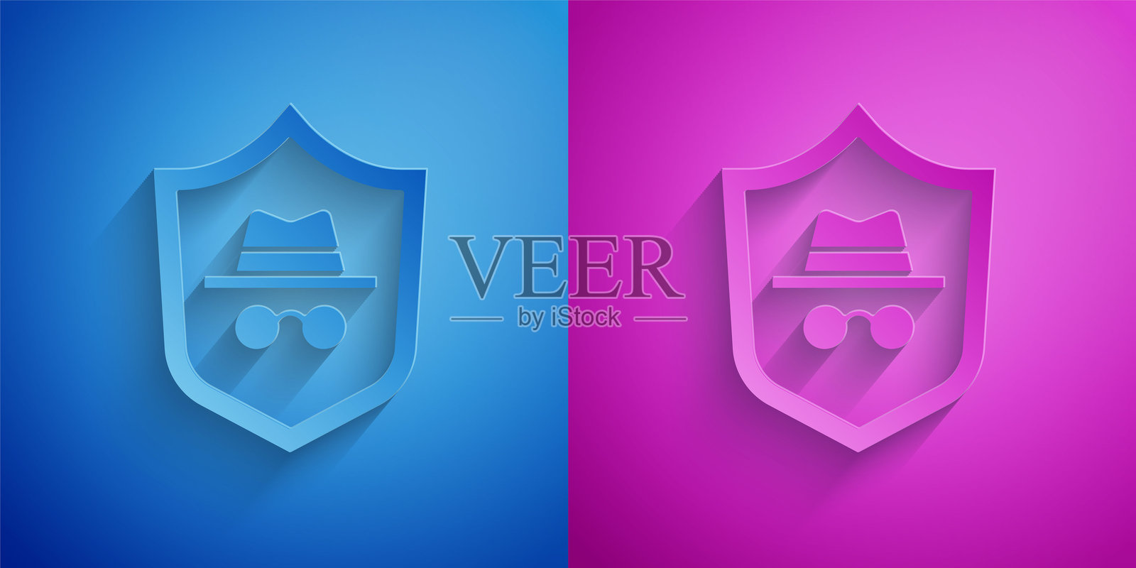 纸艺风格的隐身模式图标，孤立在蓝色和紫色背景上。插画图片素材