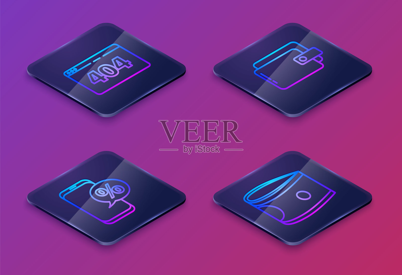 等距线页面，包含404错误、百分比折扣、电话、钱包和纸币现金堆。蓝色方形按钮。矢量图。插画图片素材