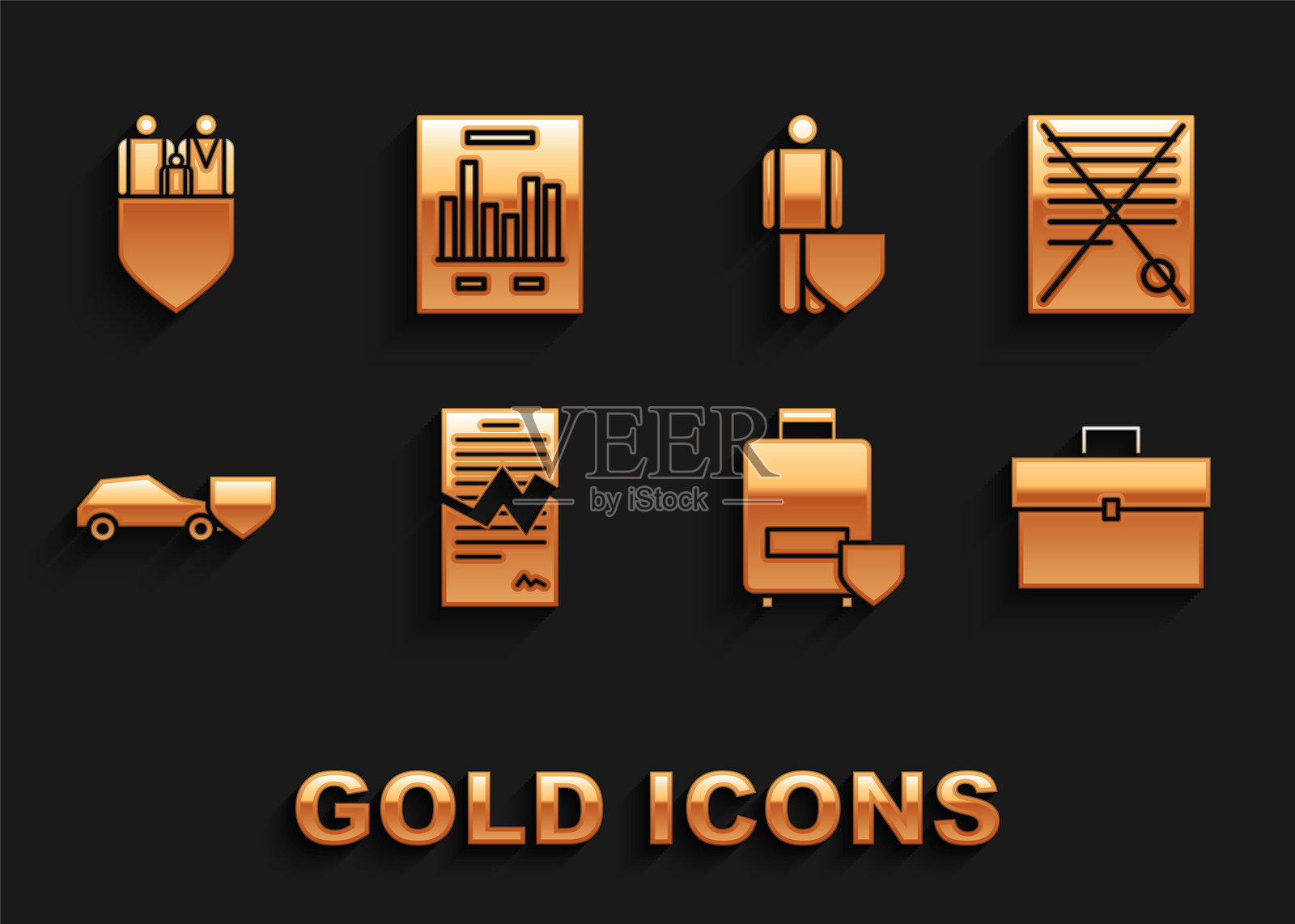 撕裂的合同，删除文件文档，公文包，旅行行李保险，带护盾的汽车，生活，家庭和文档图表图标。矢量图插画图片素材