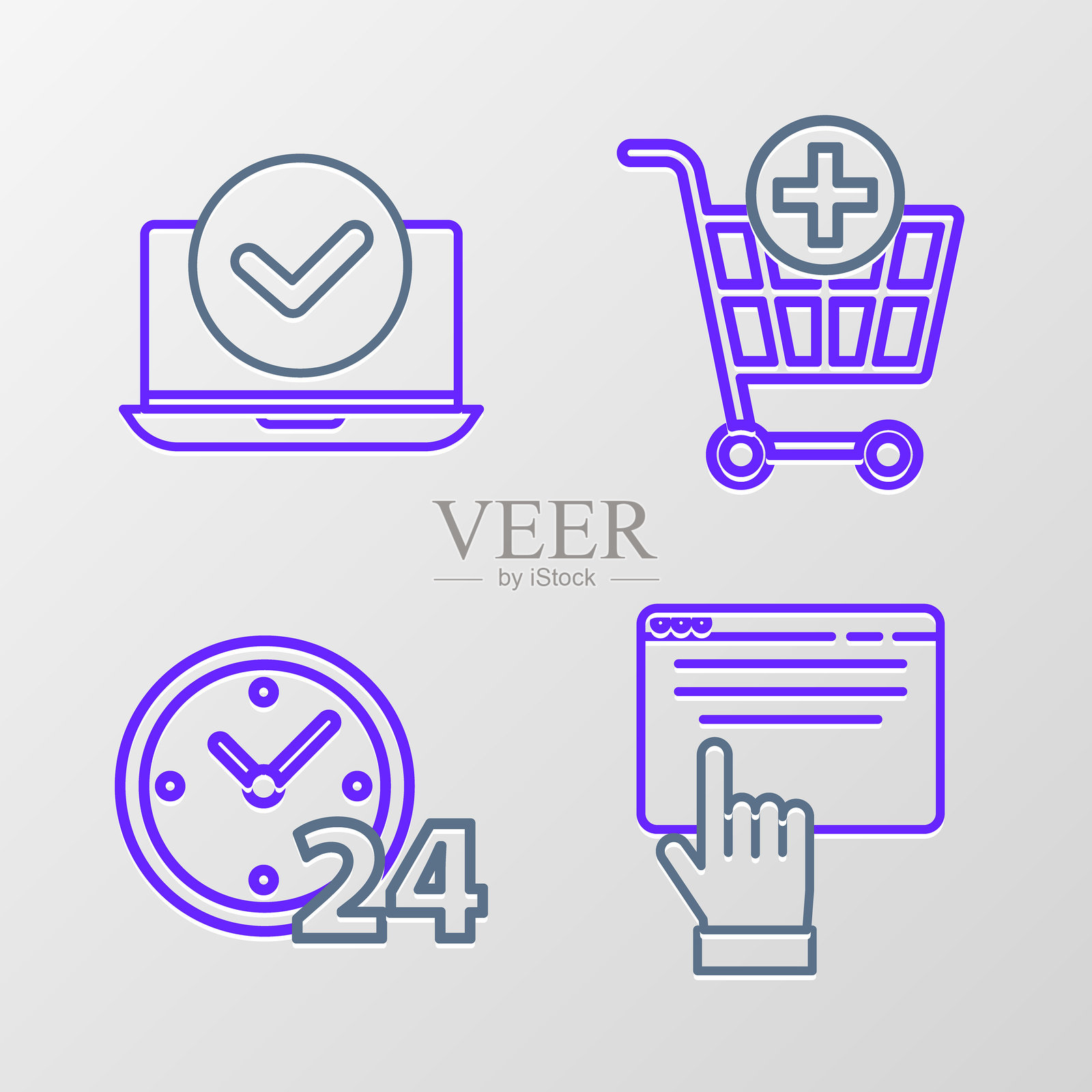 在线购物界面，24小时钟表，添加到购物车和笔记本电脑图标。矢量图。插画图片素材