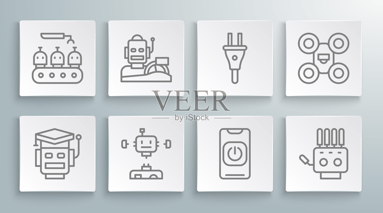 机器人图标，类人机器人驾驶汽车，拆解的机器人，手机关闭，机械手，电插头，无人机和工业生产机器人图标。矢量图。插画图片素材