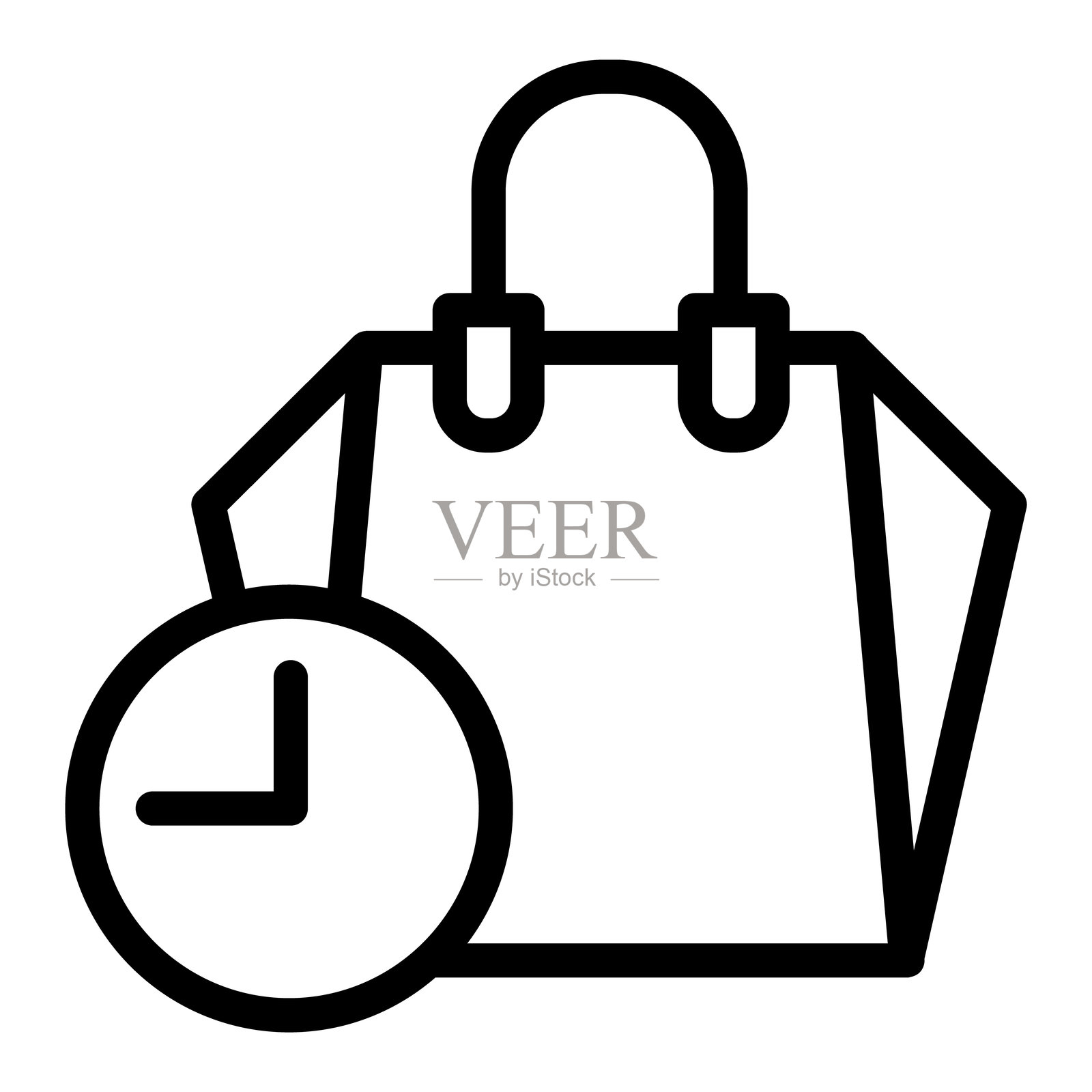 带计时器的纸袋线条图标，黑色星期五概念。矢量图形。适用于快乐时光的购物标志，白色背景上的包装，移动或设计风格。插画图片素材