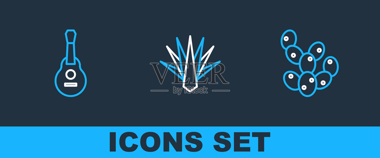 仙人掌、墨西哥吉他和龙舌兰图标。矢量图。插画图片素材