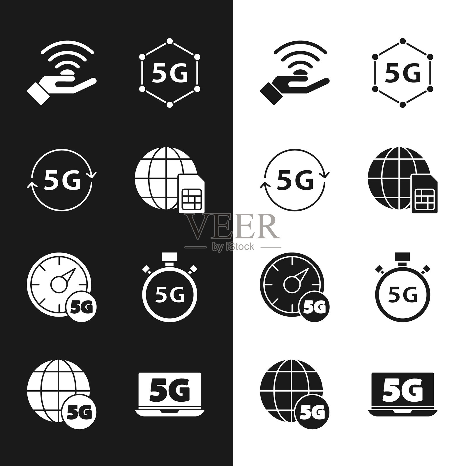 5G SIM卡、网络、数字速度计、带图标的笔记本电脑。矢量图。插画图片素材