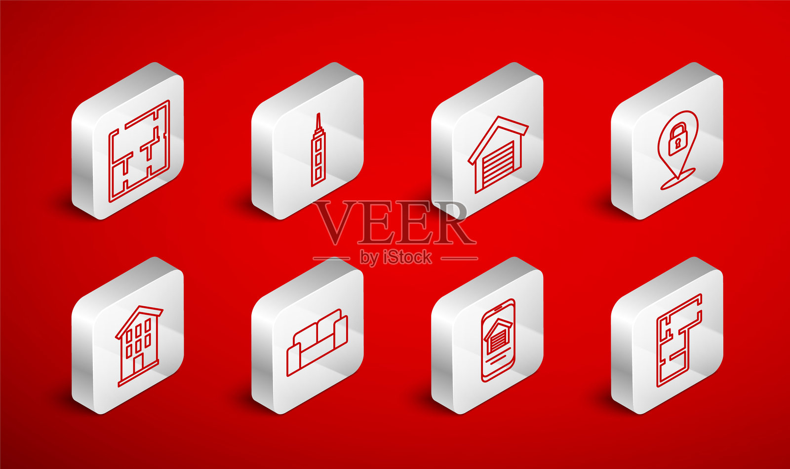 房屋平面图、摩天大楼、车库、位置锁、在线房地产房屋、沙发和图标。矢量图插画图片素材