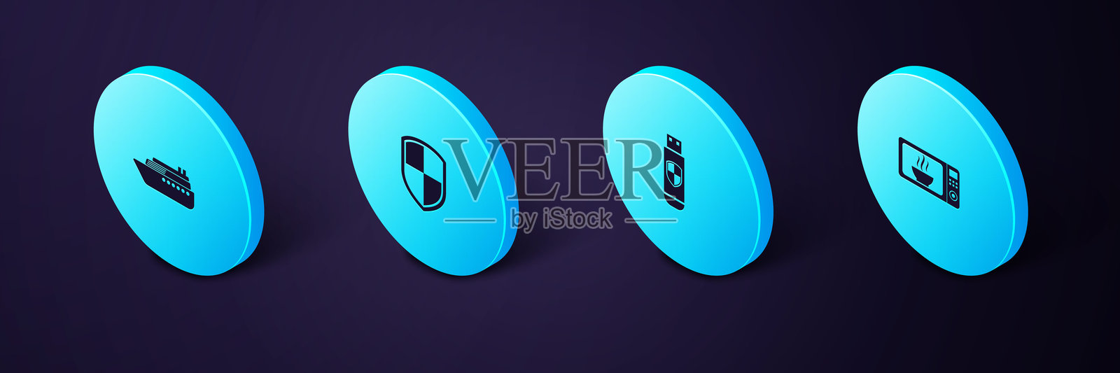 等距微波炉、USB闪存驱动器和盾牌，盾牌和船图标。矢量图。插画图片素材