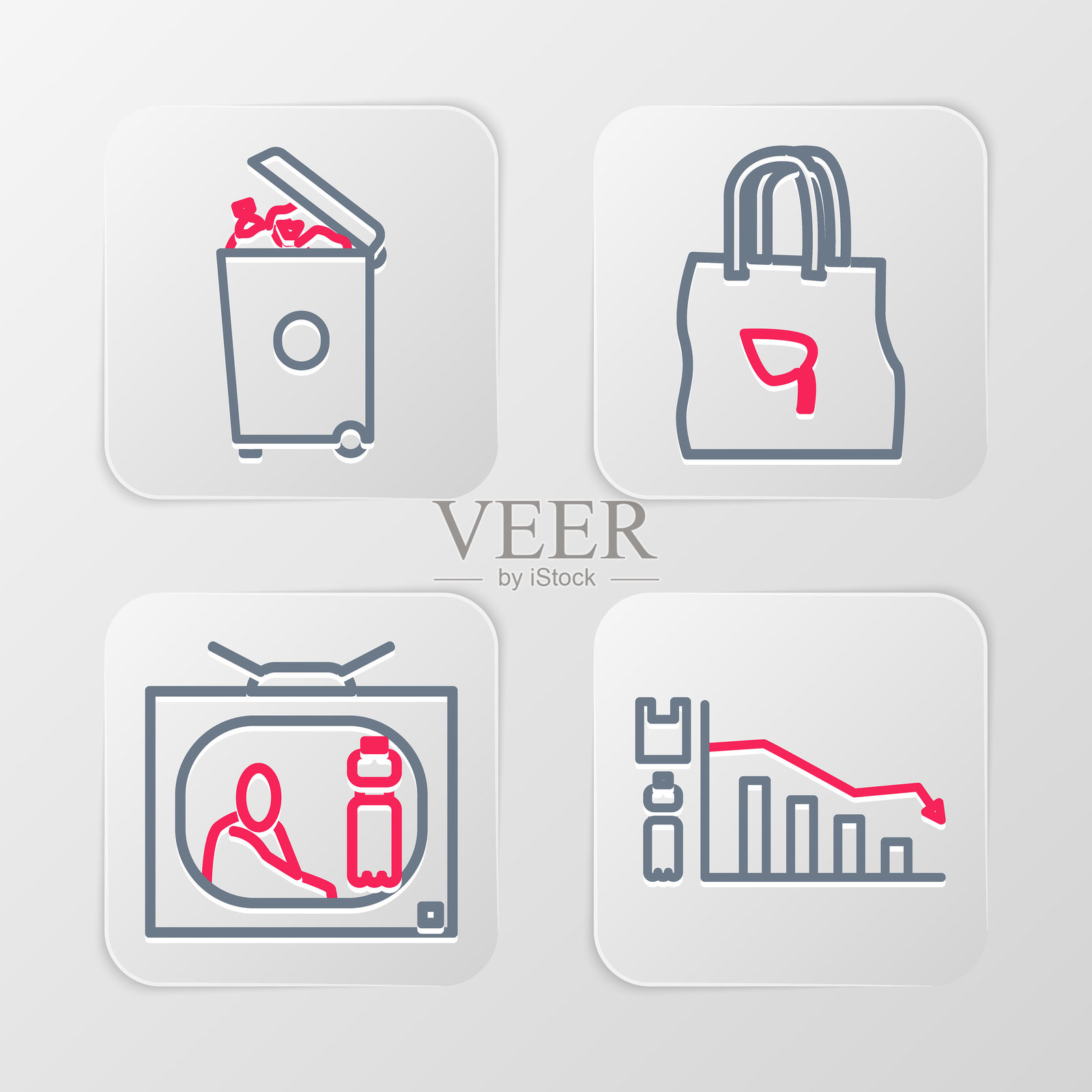 生态信息图表，停止塑料污染，带有回收标志的购物袋和垃圾桶图标。矢量图。插画图片素材