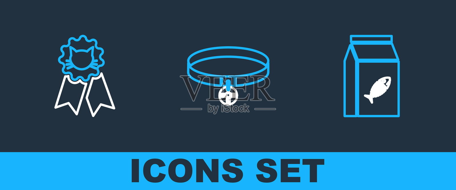 猫粮袋、猫咪奖章符号和带名牌的项圈图标。矢量图。插画图片素材