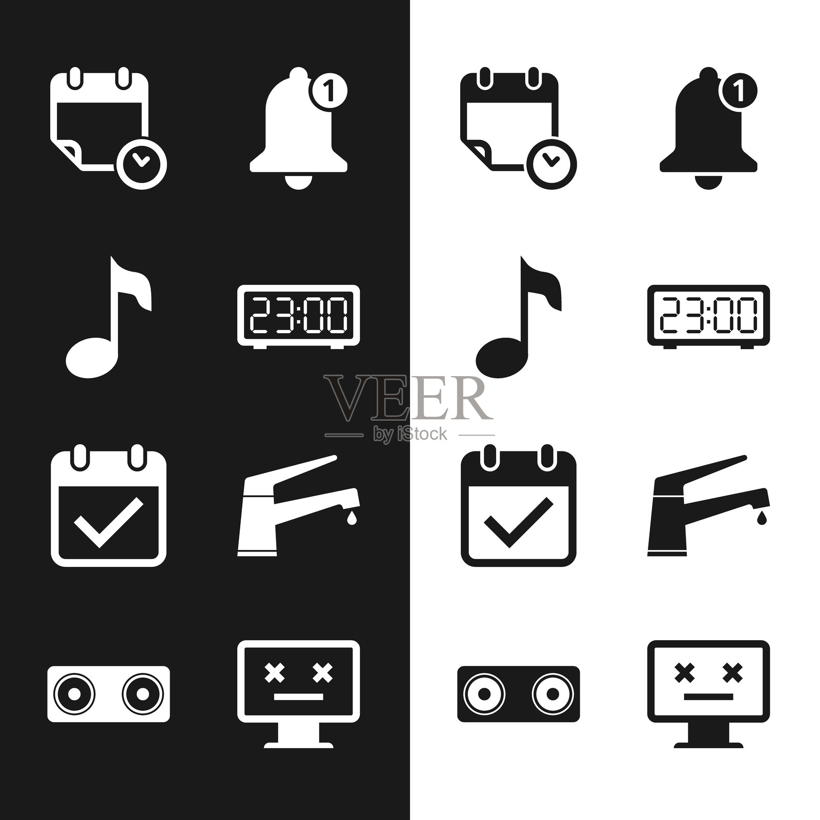 数字闹钟、音符、音调、日历和铃铛，带有勾选标记和水龙头图标。矢量图。插画图片素材