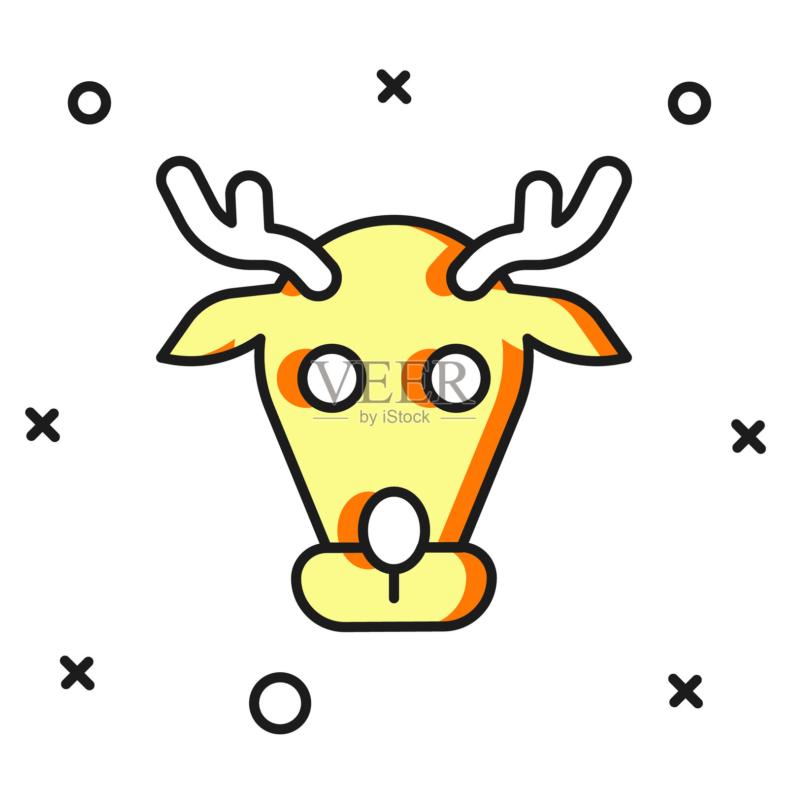 填充轮廓的驯鹿图标，背景为白色。圣诞快乐，新年快乐。扁平填充轮廓风格，带有阴影。矢量图。插画图片素材