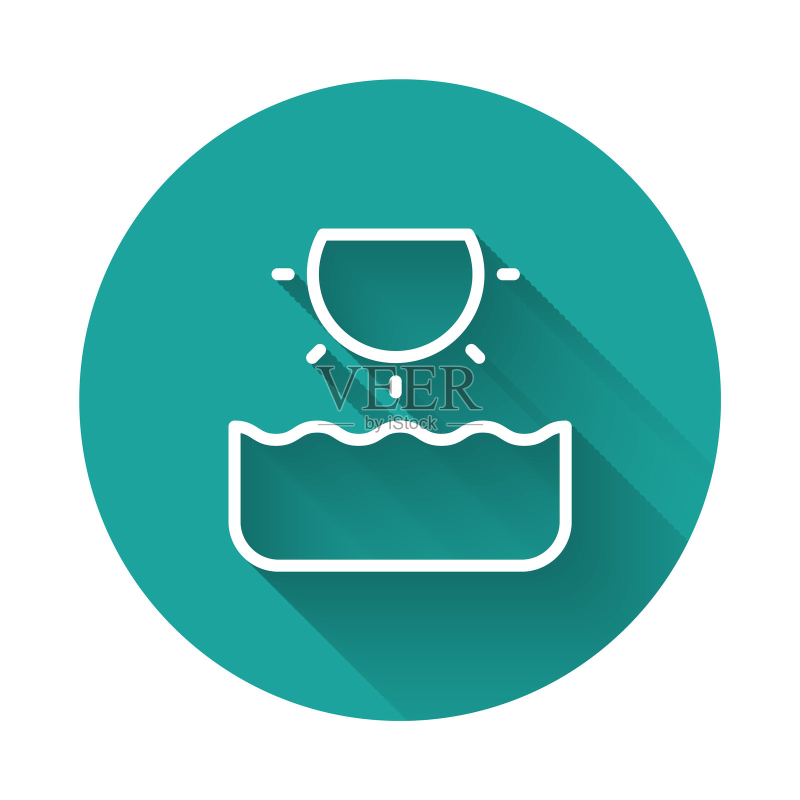 白色线条太阳图标，带有长阴影背景。绿色圆形按钮。矢量图。插画图片素材