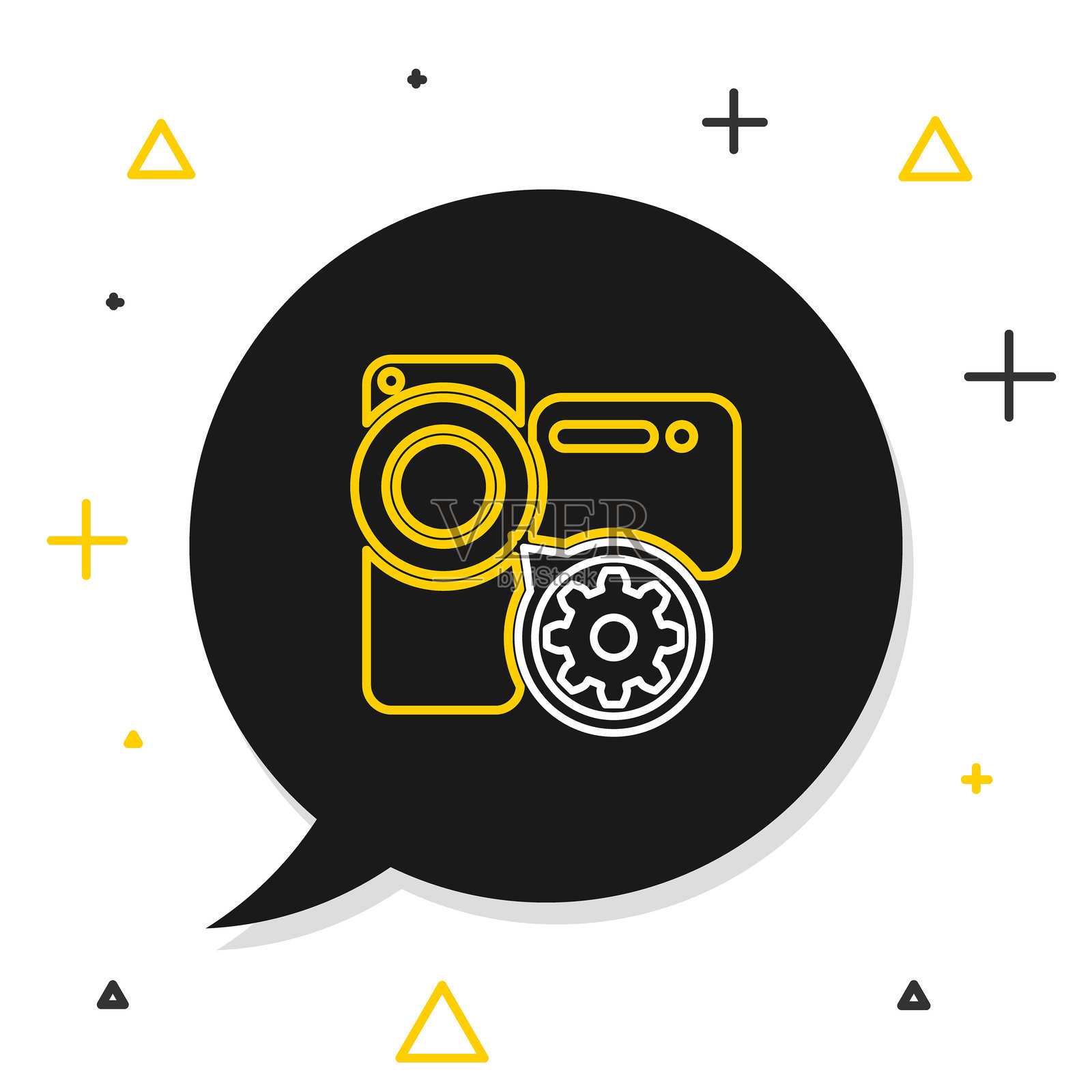 线条视频摄像机和设备图标，背景为白色。调整应用程序、服务概念、设置选项、维护、修理、修复。彩色轮廓概念。矢量图。插画图片素材