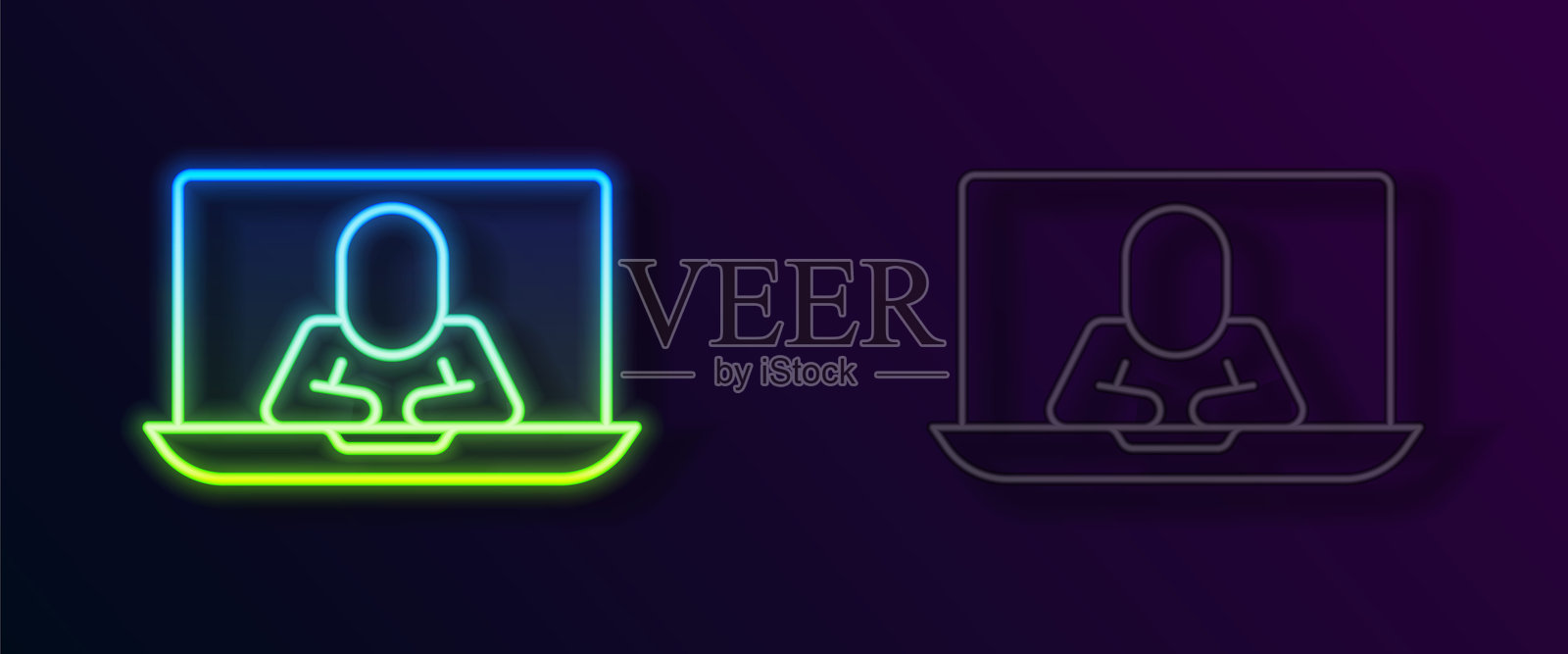 发光的霓虹线视频聊天会议图标，背景为黑色。在线会议，居家办公。远程项目管理。矢量图。插画图片素材