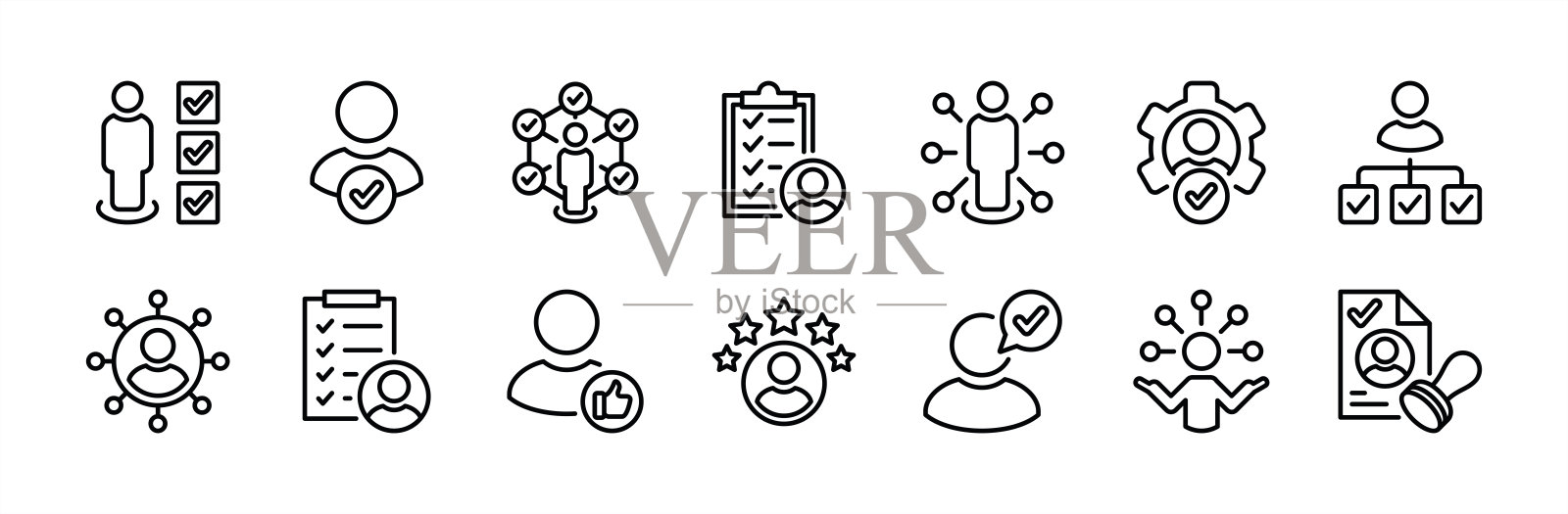 软技能细线图标集。包含能力、沟通、同理心、领导力、自信、个性、清单、连接、职业道德、个人、创造力、认证。矢量插图插画图片素材