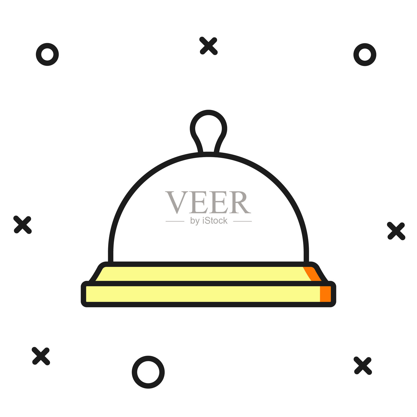 填充轮廓的食物托盘图标，背景为白色。托盘和盖子的标志。餐厅的餐罩与盖子。扁平填充轮廓风格，带阴影。矢量图。插画图片素材