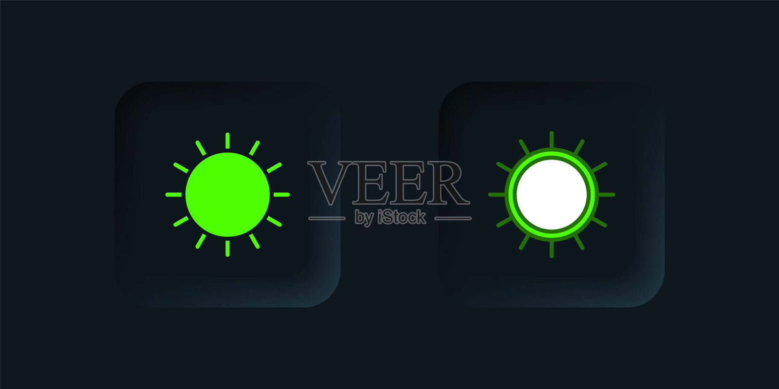 绿色太阳图标，黑色背景下的黑色方形按钮。矢量图。插画图片素材