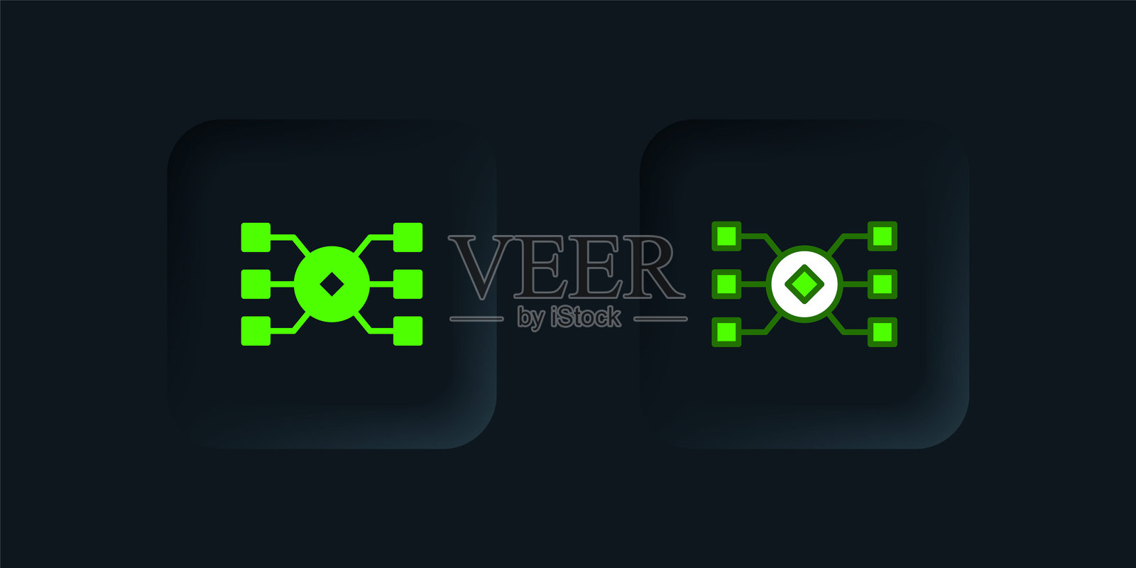 绿色神经网络图标，背景为黑色。人工智能AI。黑色方形按钮。矢量图。插画图片素材