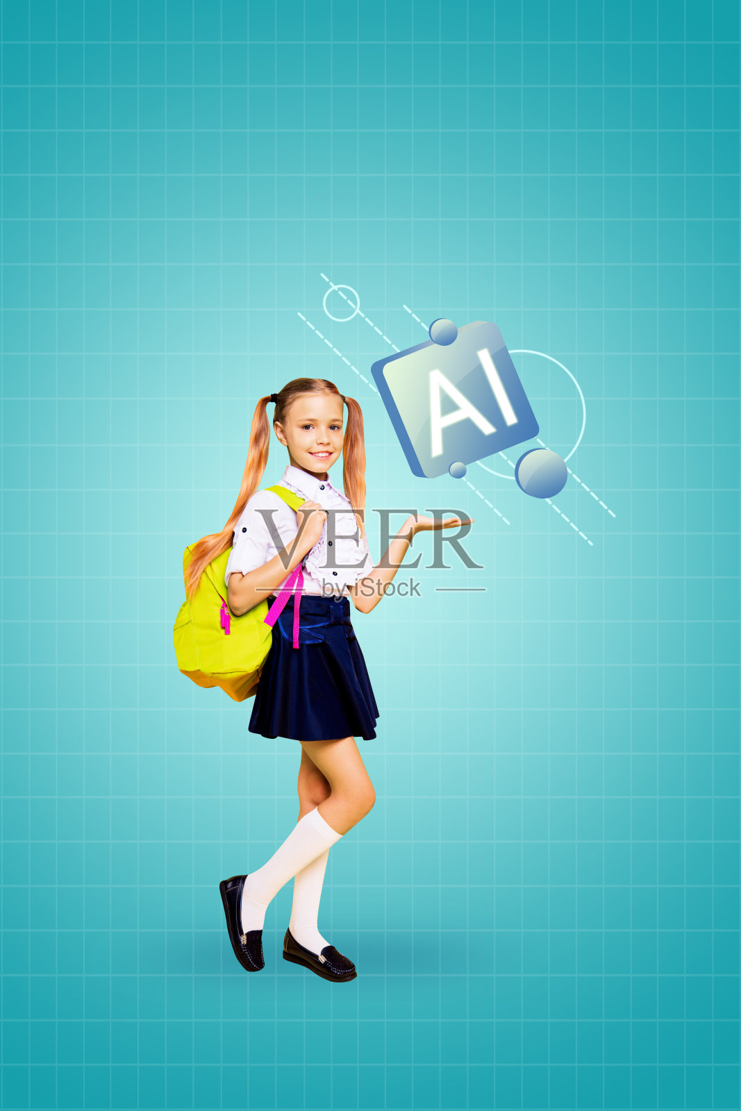 独特的艺术海报拼贴，展示快乐的学前女孩穿着校服，背着书包，展现人工智能按钮和聊天创新助手。照片摄影图片