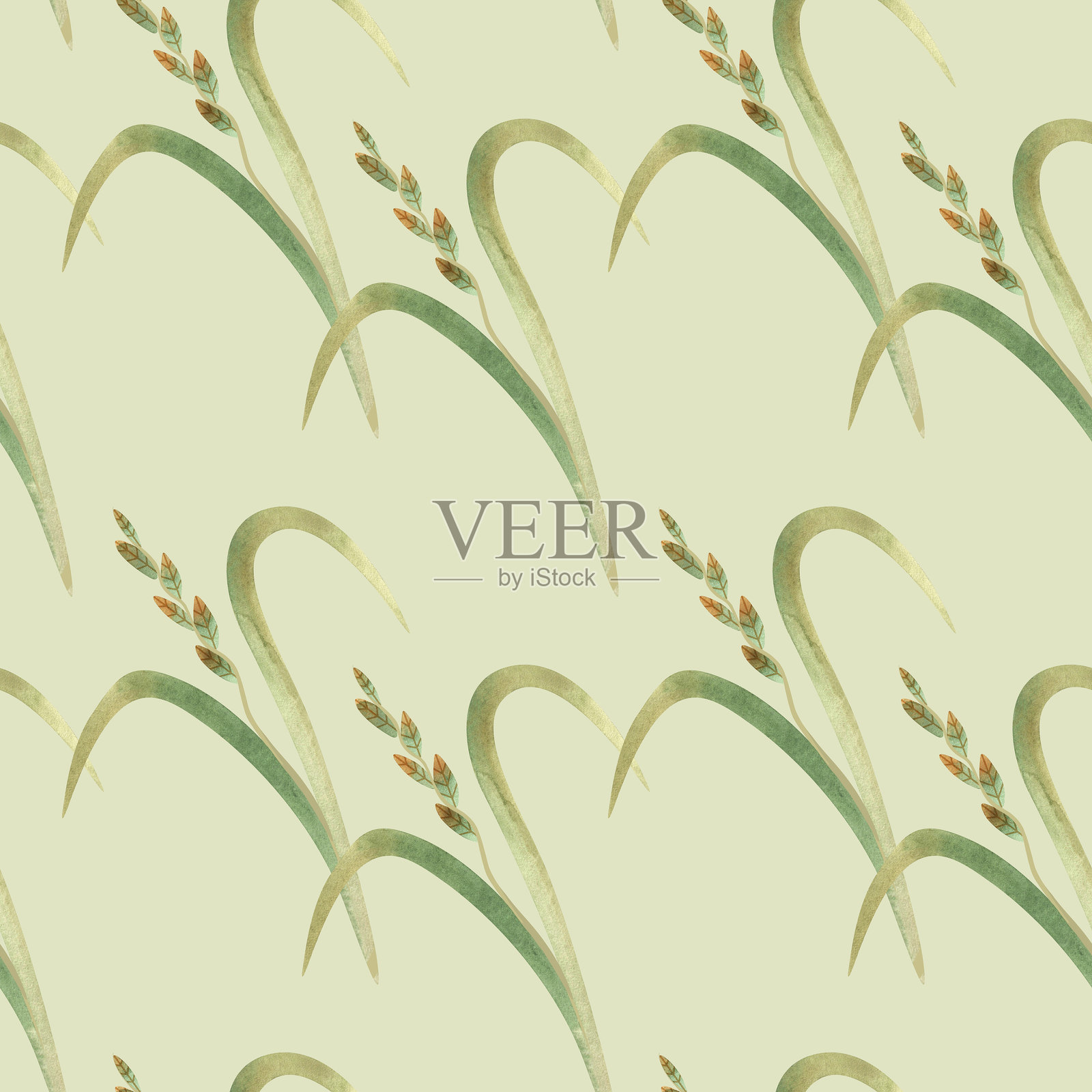 无缝花卉图案，包含野生草和谷物。适用于厨房家居纺织品、桌布、窗帘、床上用品、服装面料和包装纸。插画图片素材