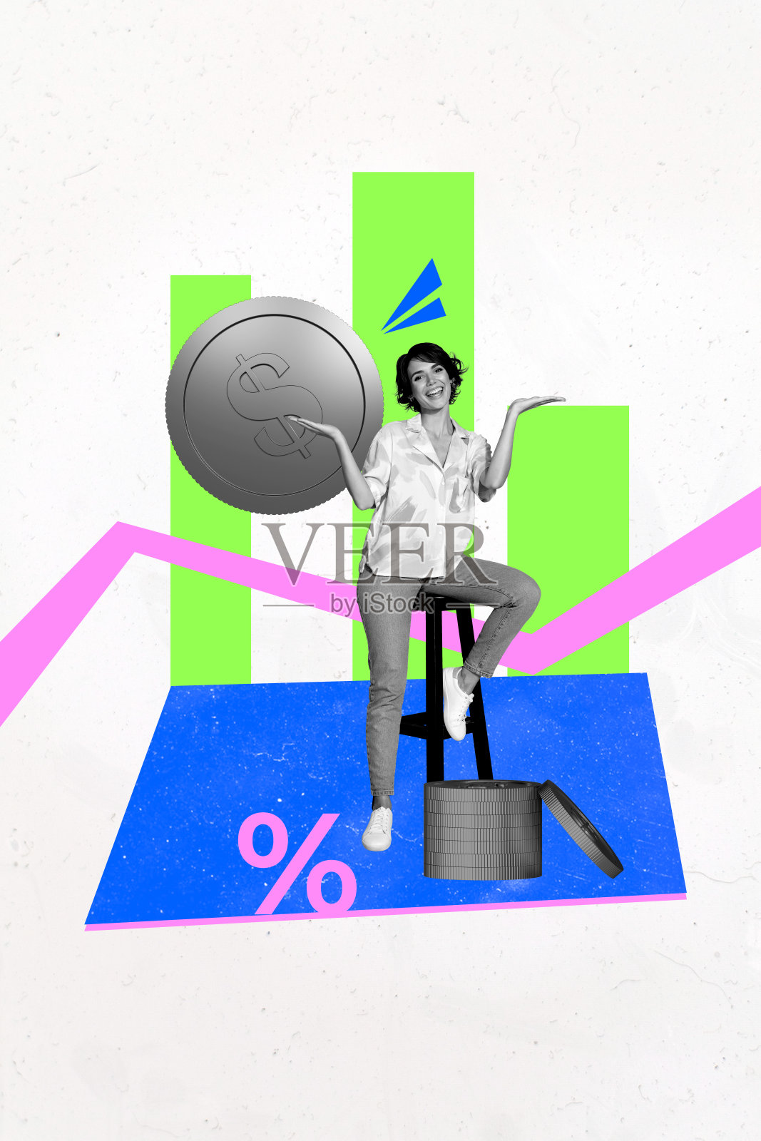 垂直素描3D艺术拼贴海报，快乐的男商人和女商人接收美元交易图表进展资本照片摄影图片