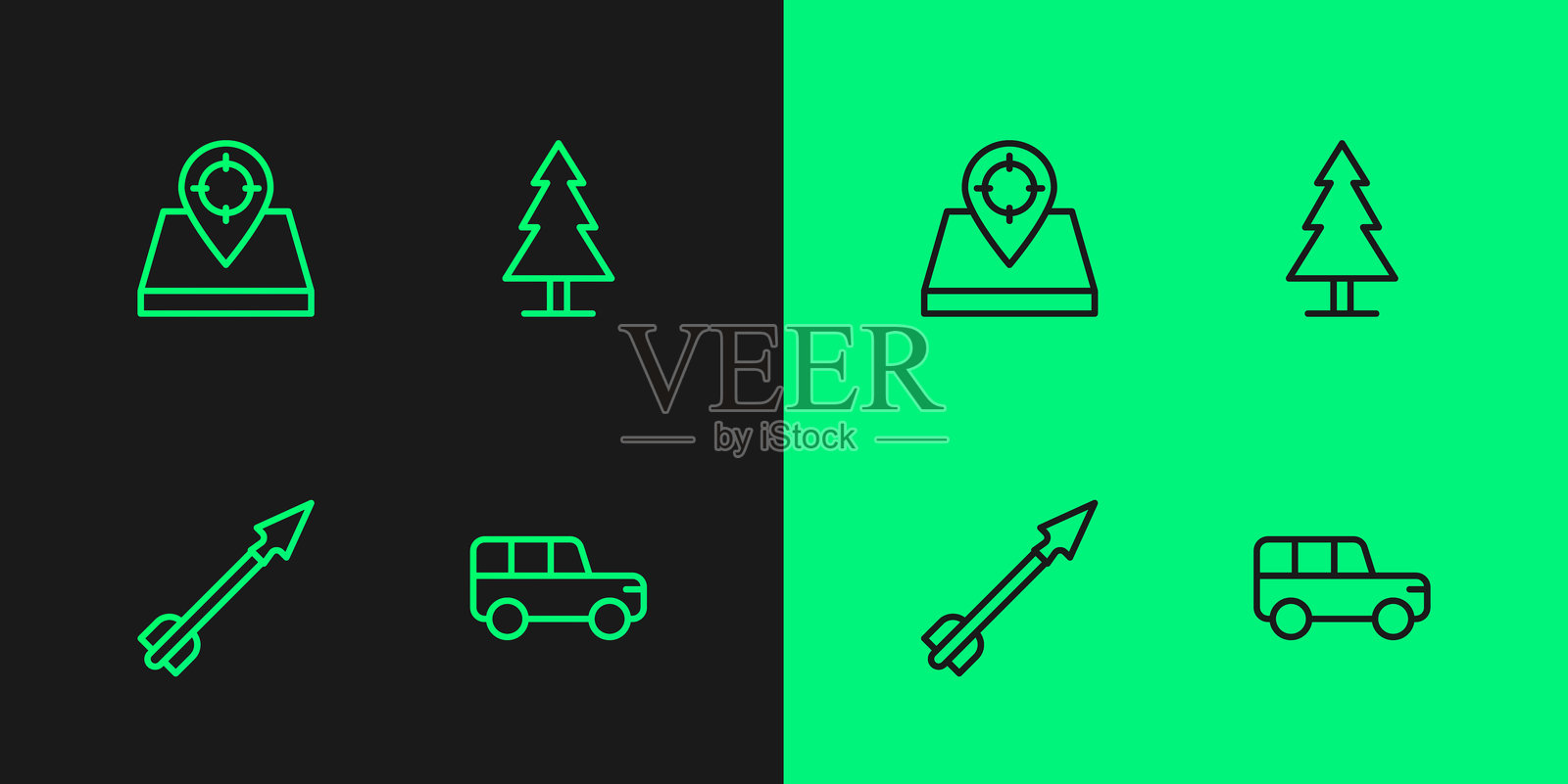 设置线条的野生动物园汽车、中世纪箭头、狩猎场所和树木图标。矢量图。插画图片素材