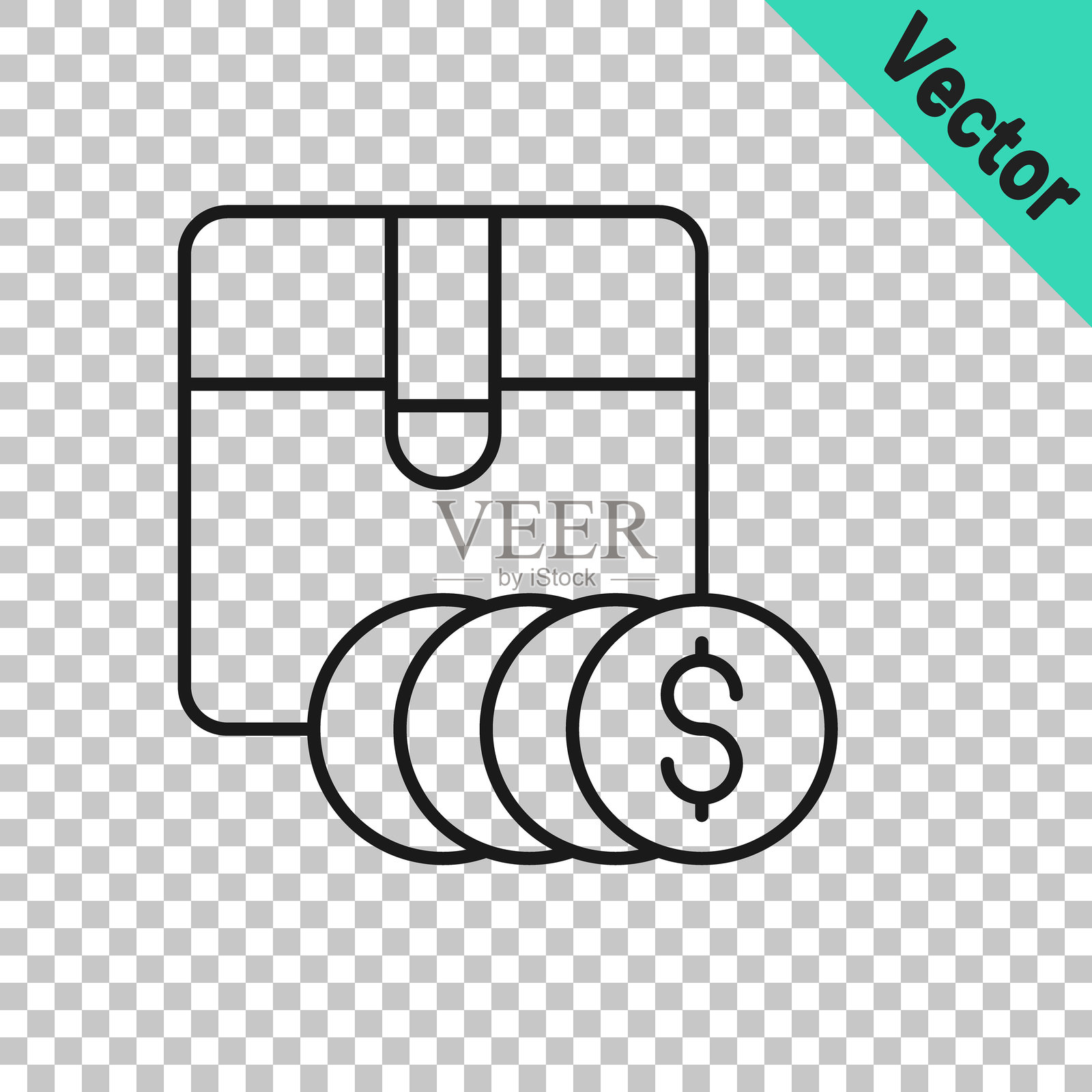 黑色线条商品价格标签，带有美元图标，背景透明。价格徽章。带有美元符号的促销标签折扣。矢量图。插画图片素材