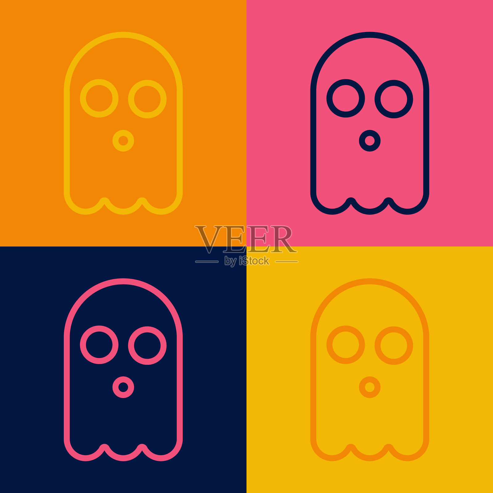 流行艺术风格的鬼魂图标，独立于彩色背景。快乐的万圣节派对。矢量图。插画图片素材
