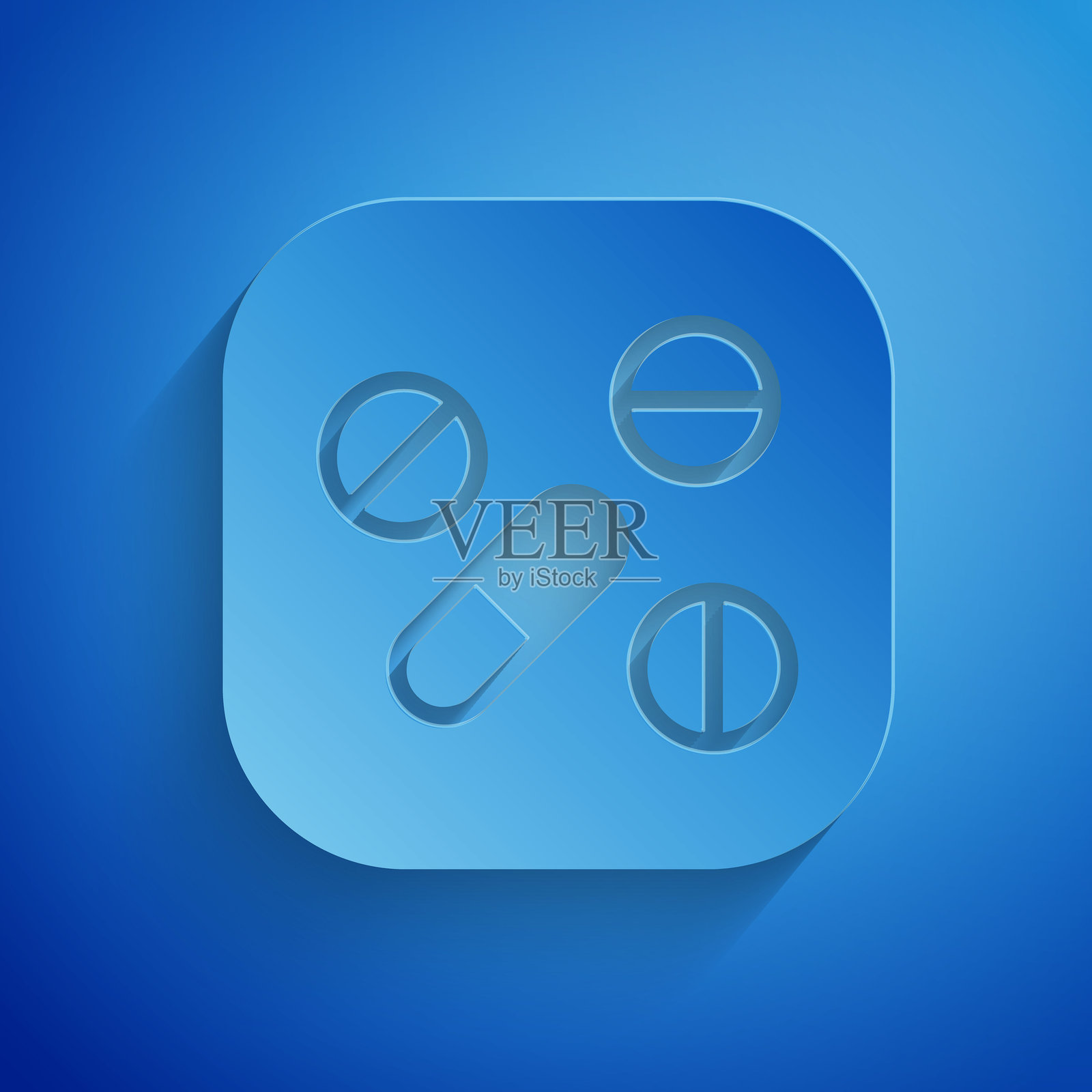 纸雕药丸或药片图标，背景为蓝色。胶囊药丸和药物标志。药房设计。纸艺风格。矢量图。插画图片素材