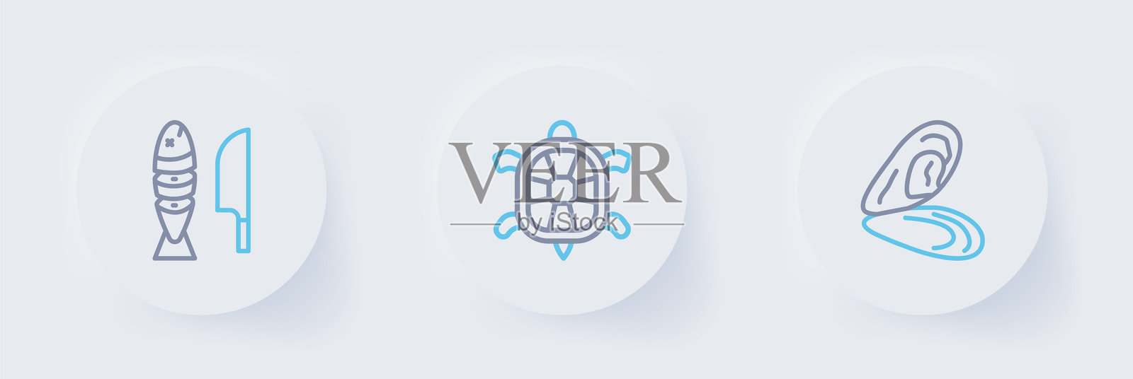 贝类、乌龟和鱼的切片图标。矢量图。插画图片素材