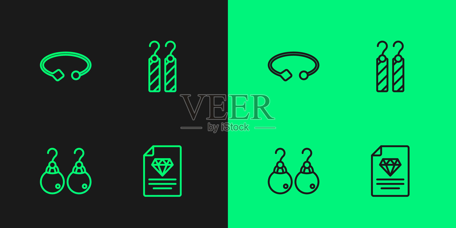 钻石证书、耳环、手链珠宝和图标。矢量图。插画图片素材