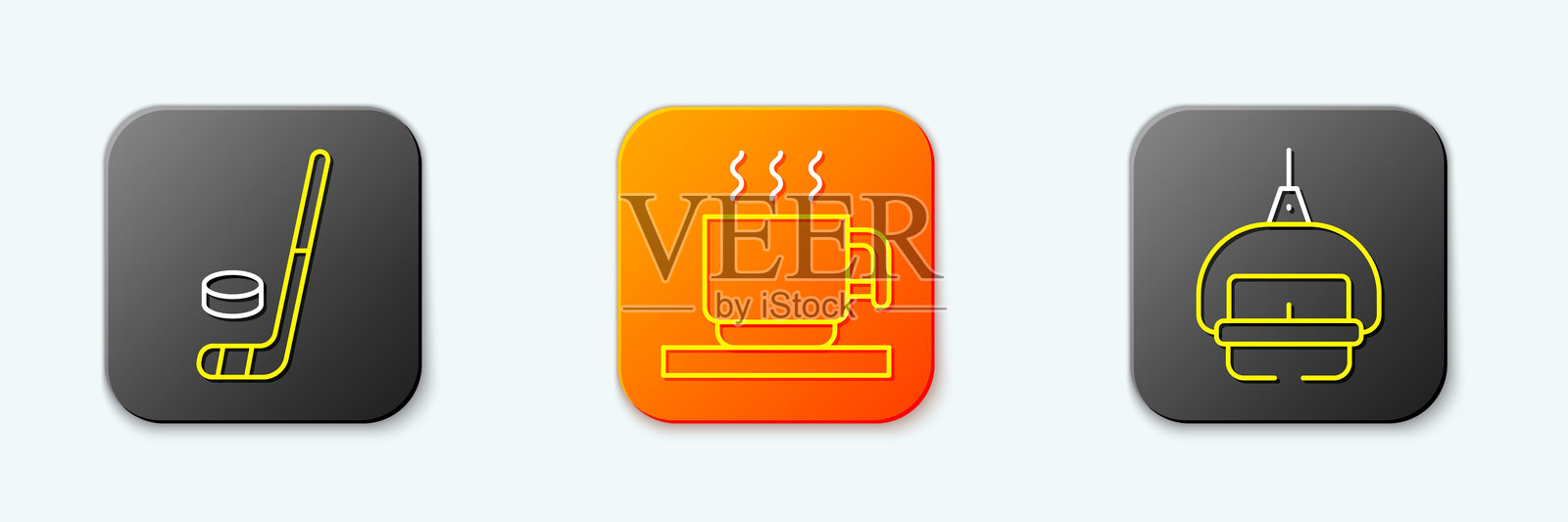 冰球杆和冰球，热巧克力杯和滑雪缆车图标。矢量图。插画图片素材