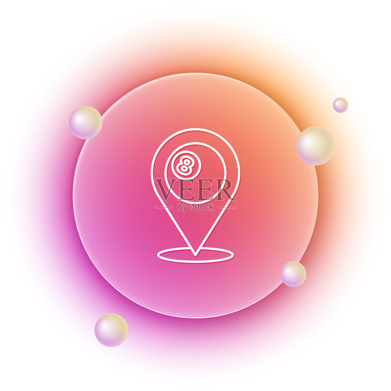 白色地图指针与带有数字8的台球球图标，背景为橙色和粉色渐变圆形，孤立在白色背景上。矢量图。插画图片素材