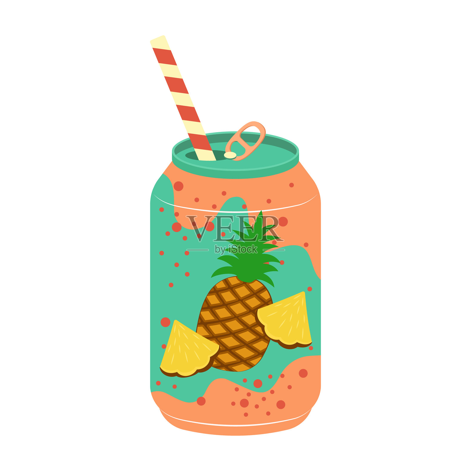 平坦的罐装和瓶装果味汽水及风味苏打水。夏季冷饮和软饮料插画图片素材