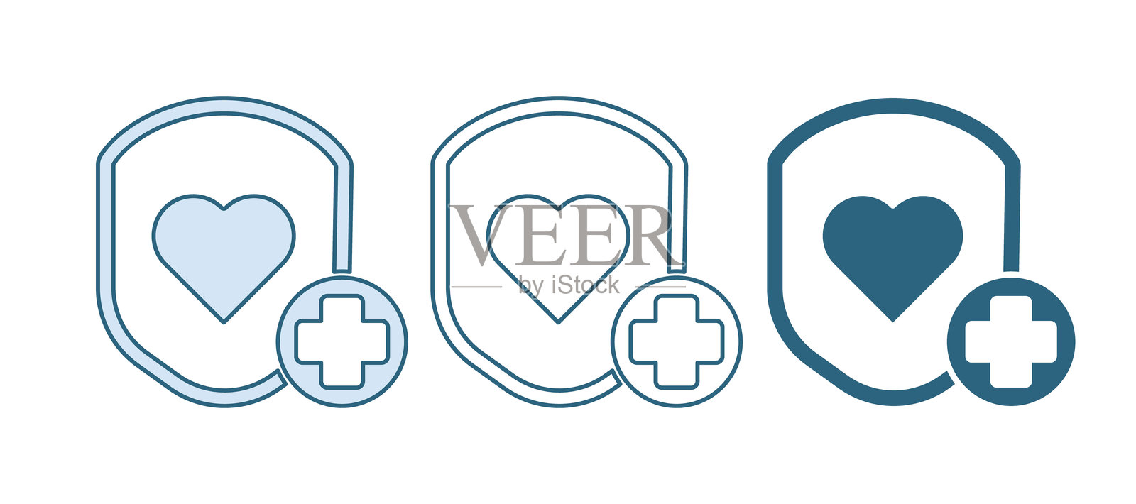 蓝色盾牌和心率图标，背景为白色。健康保护概念。医疗保健。矢量图。插画图片素材