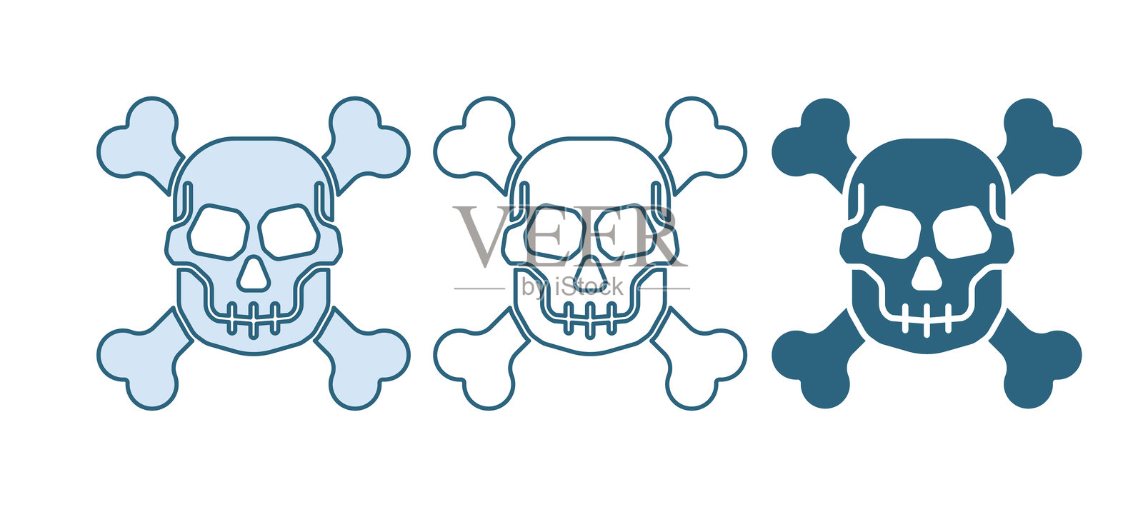 白色背景上的蓝色骷髅与交叉骨骼图标。快乐的万圣节派对。矢量图。插画图片素材