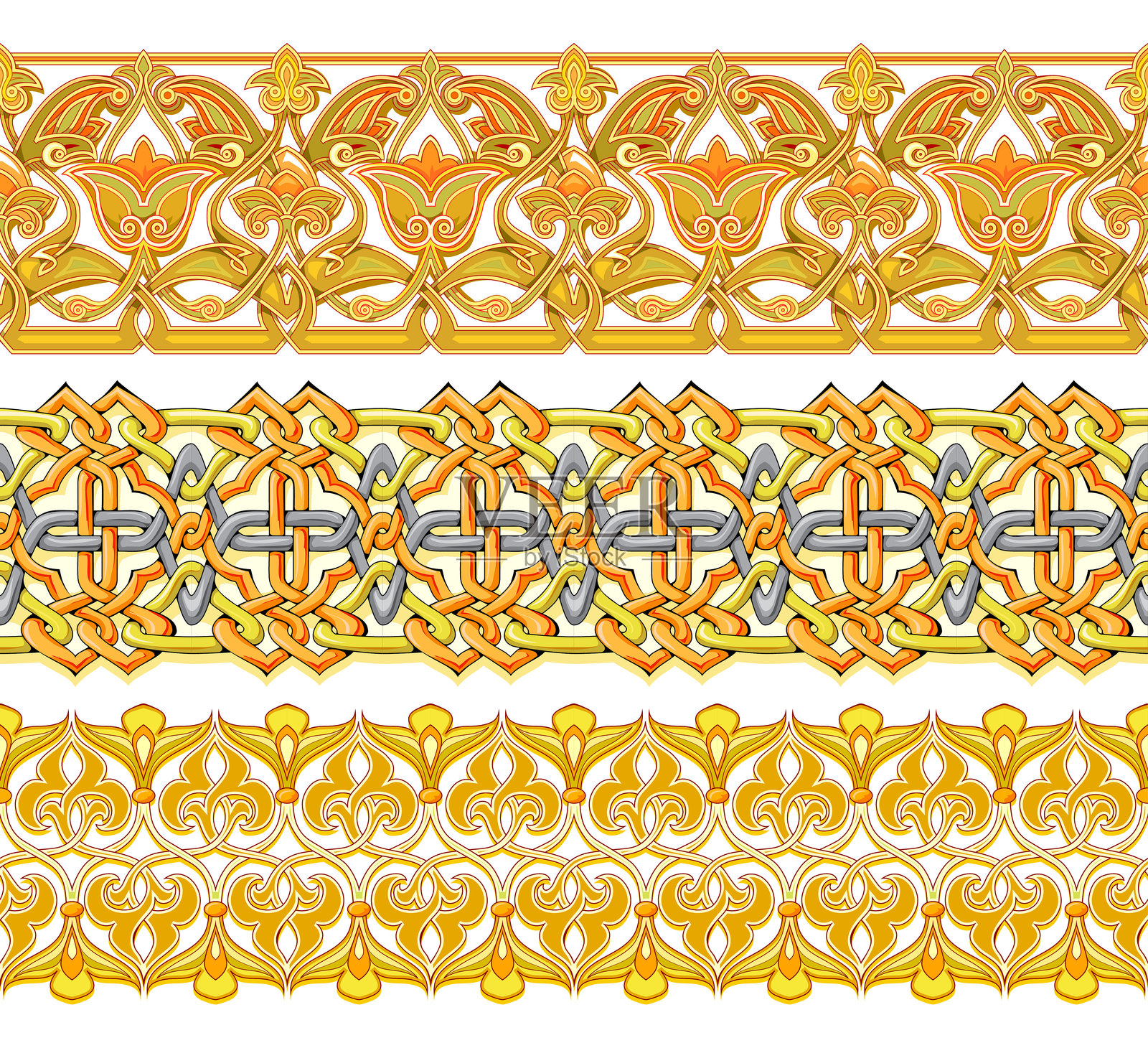 无缝装饰图案。带有古代阿拉伯装饰的金色丝带套装。用于设计、面料、瓷砖、刺绣、壁纸的中世纪复古图绘。平面矢量插图。插画图片素材
