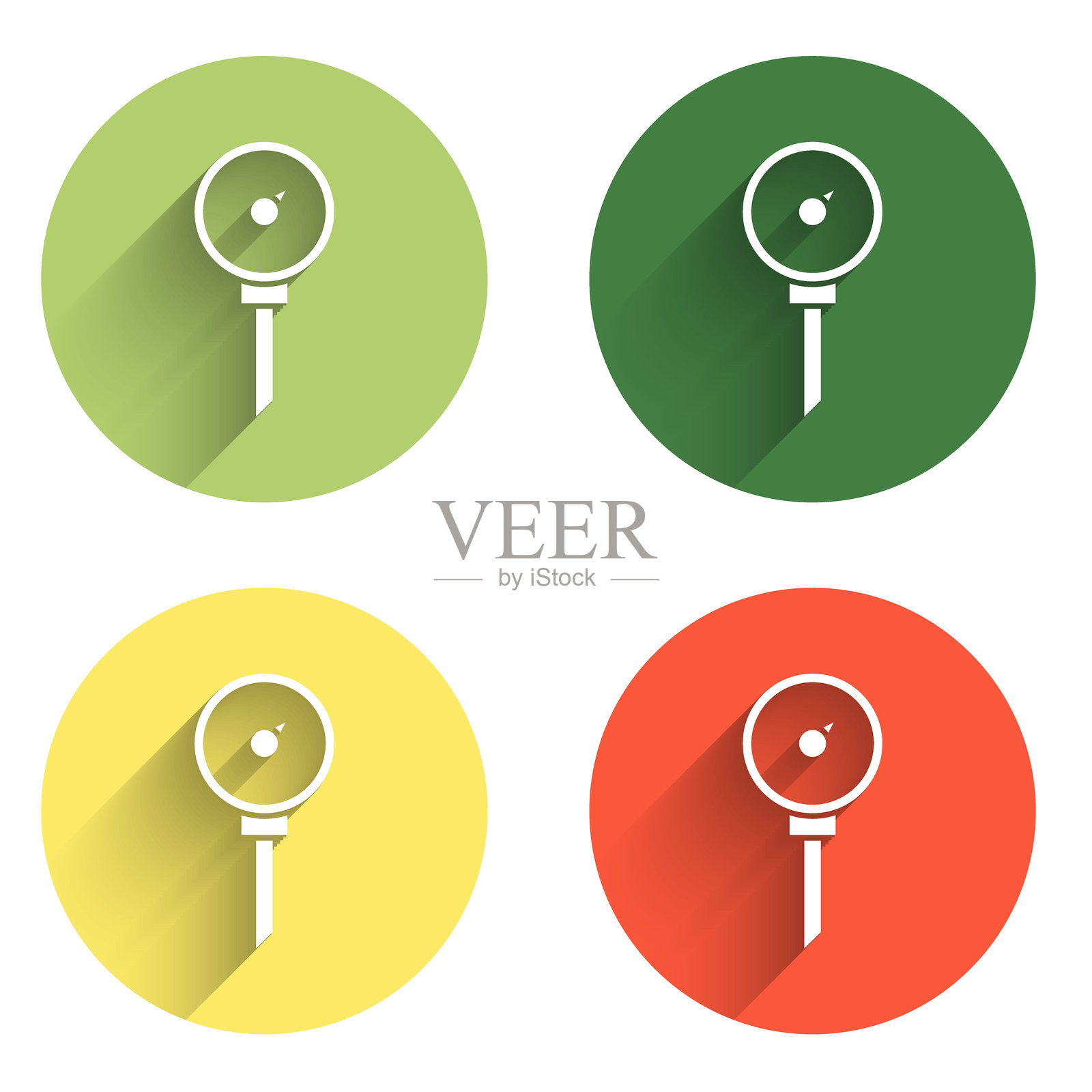 厨房温度计图标，带有长阴影背景。彩色圆形按钮。插画图片素材