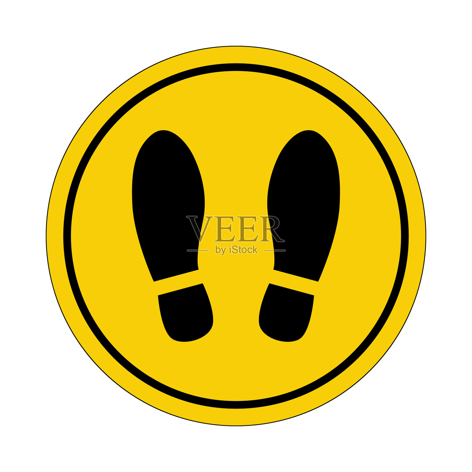 地面标记。请站在这里。保持社交距离。黄色圆形贴纸。警告图标。黄色标志。圆形标签。插画图片素材