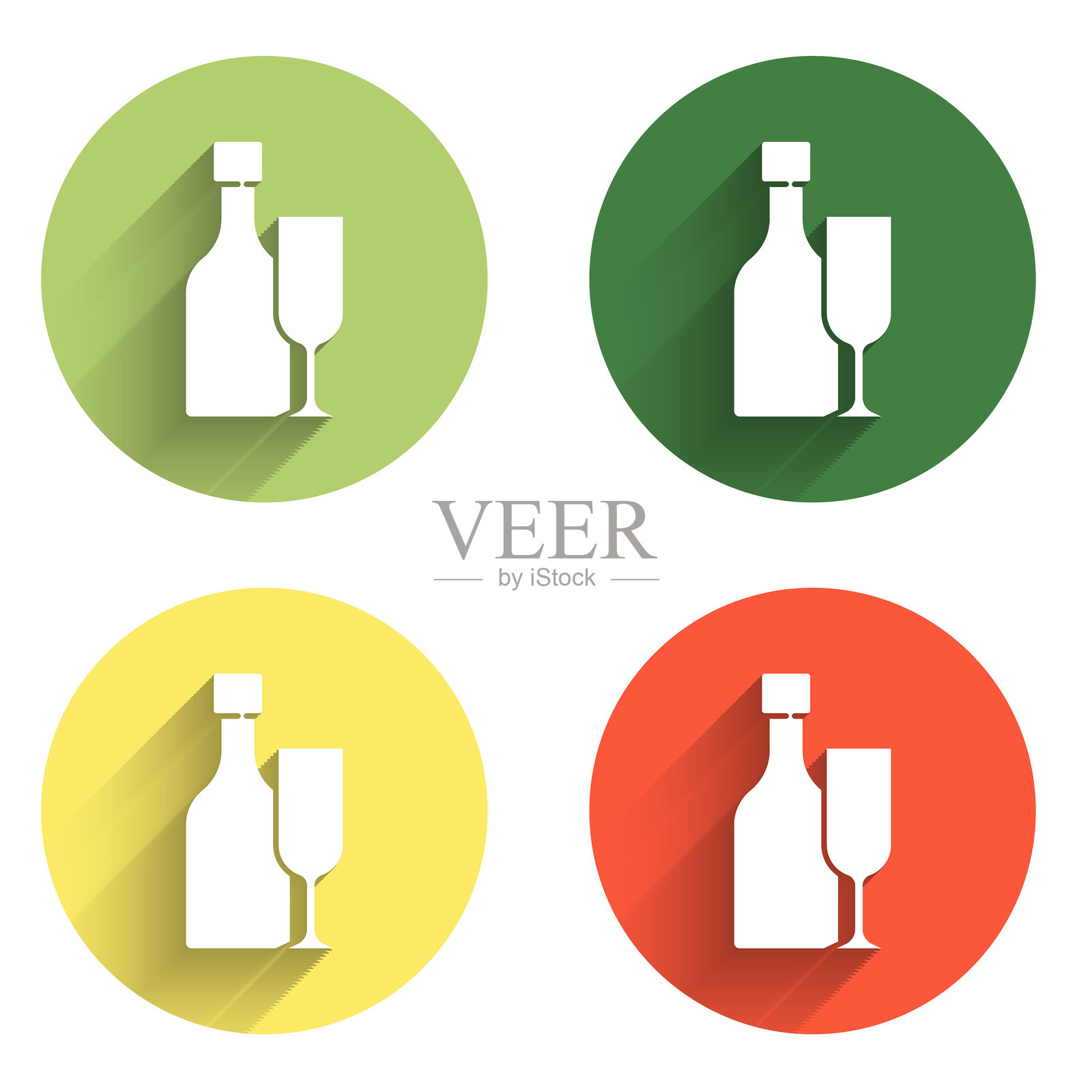 酒瓶与酒杯图标，带有长阴影背景。彩色圆形按钮。插画图片素材