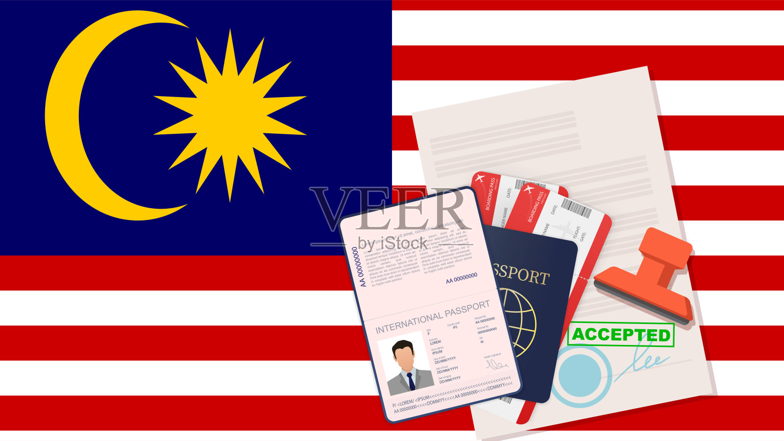 马来西亚签证和护照，马来西亚国旗背景矢量图插画图片素材