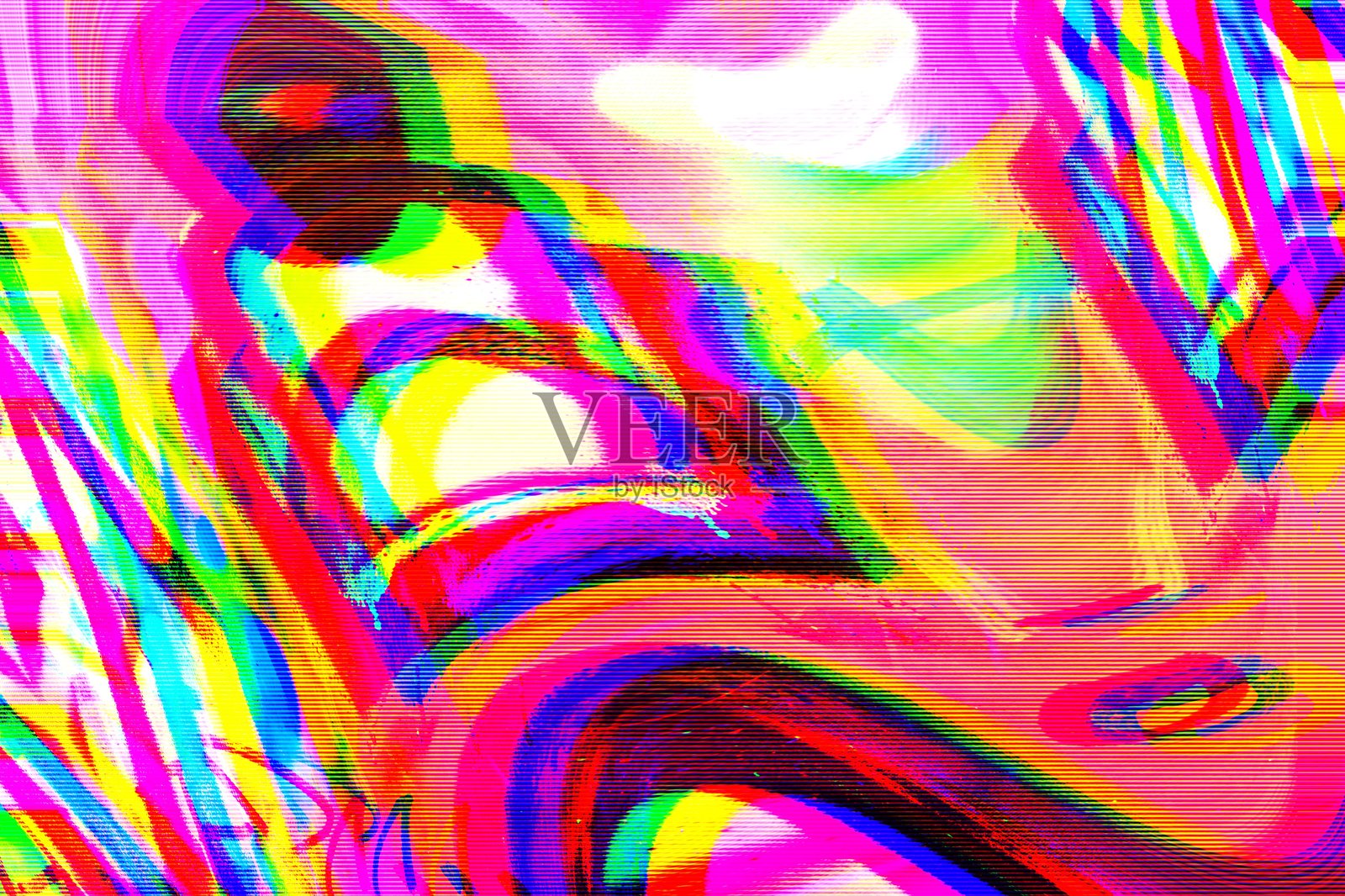充满活力的故障艺术，带有霓虹粉色、黄色和蓝色条纹，适合Y2K和90年代美学插画图片素材