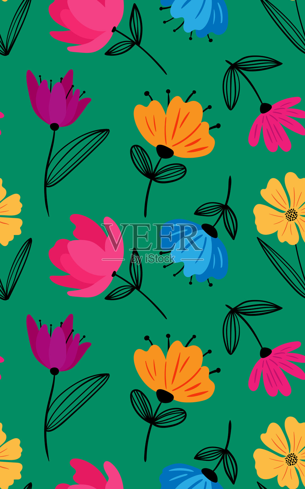 无缝花卉图案，背景为绿色，现代抽象花朵，色彩丰富的极简矢量设计，手绘花瓣和线条叶子。插画图片素材