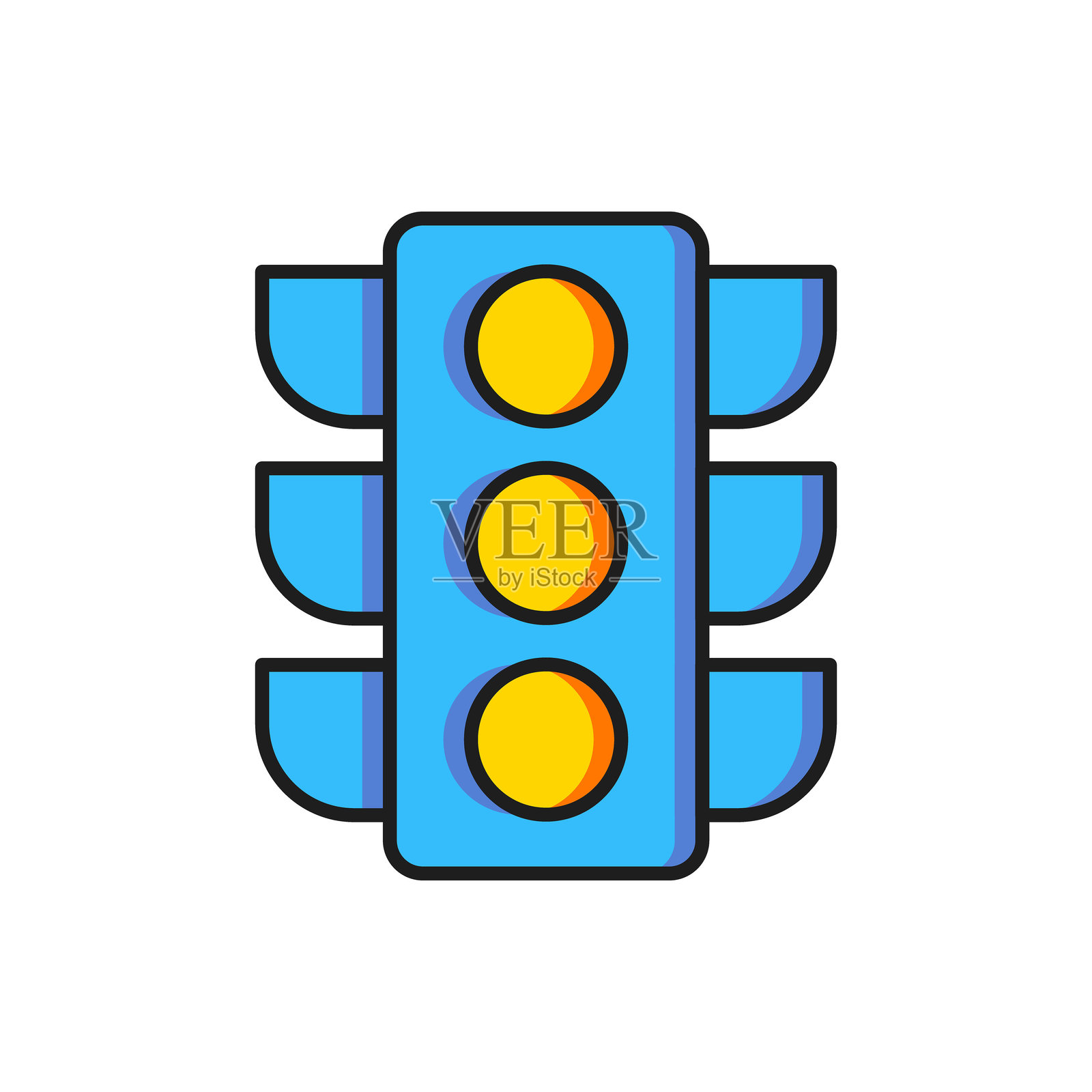 彩色交通信号灯图标，背景为白色。扁平填充轮廓风格，带有阴影。矢量图。插画图片素材