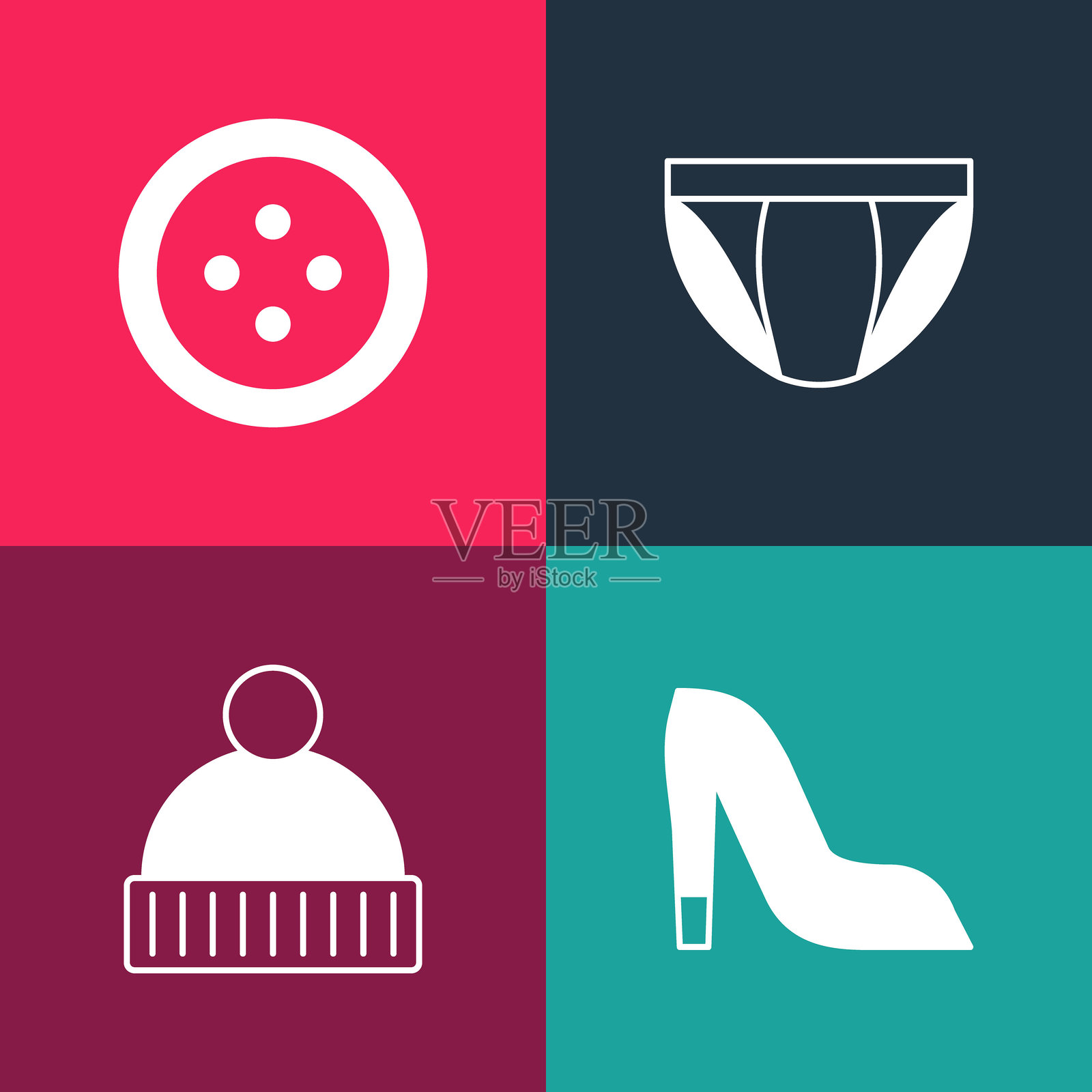 波普艺术风格的女性鞋子、毛线帽、男性内裤和缝纫钮扣图标。矢量图。插画图片素材