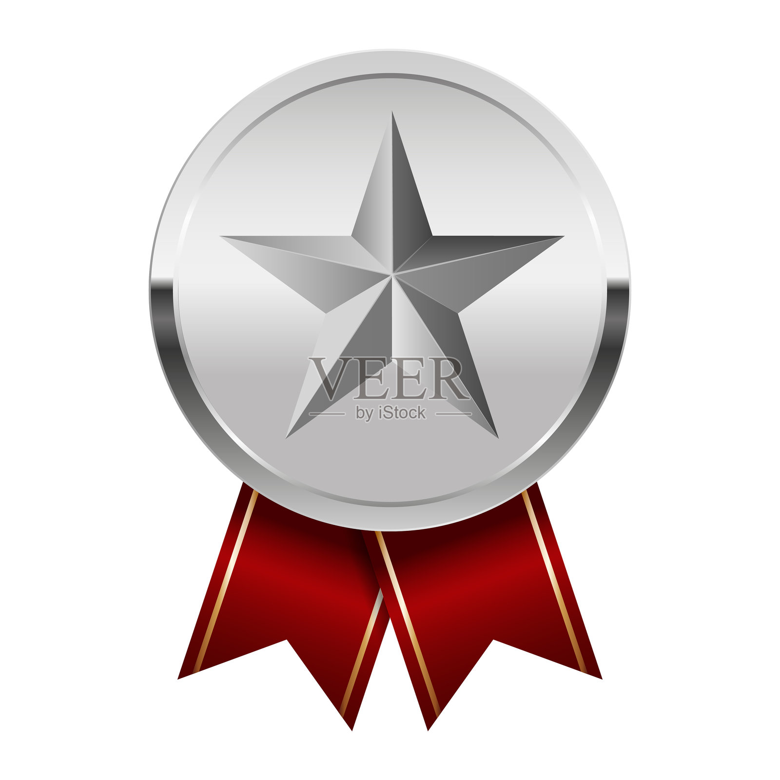 银色奖牌，配有红色丝带和星星，适用于体育和游戏插画图片素材