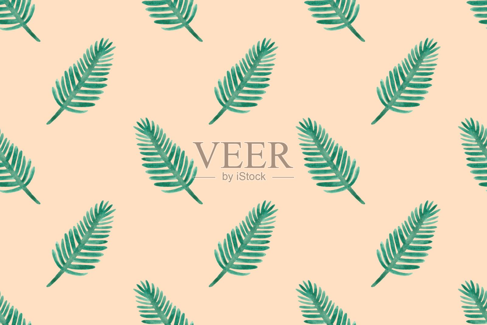 米色背景上的棕榈叶无缝图案。插画图片素材