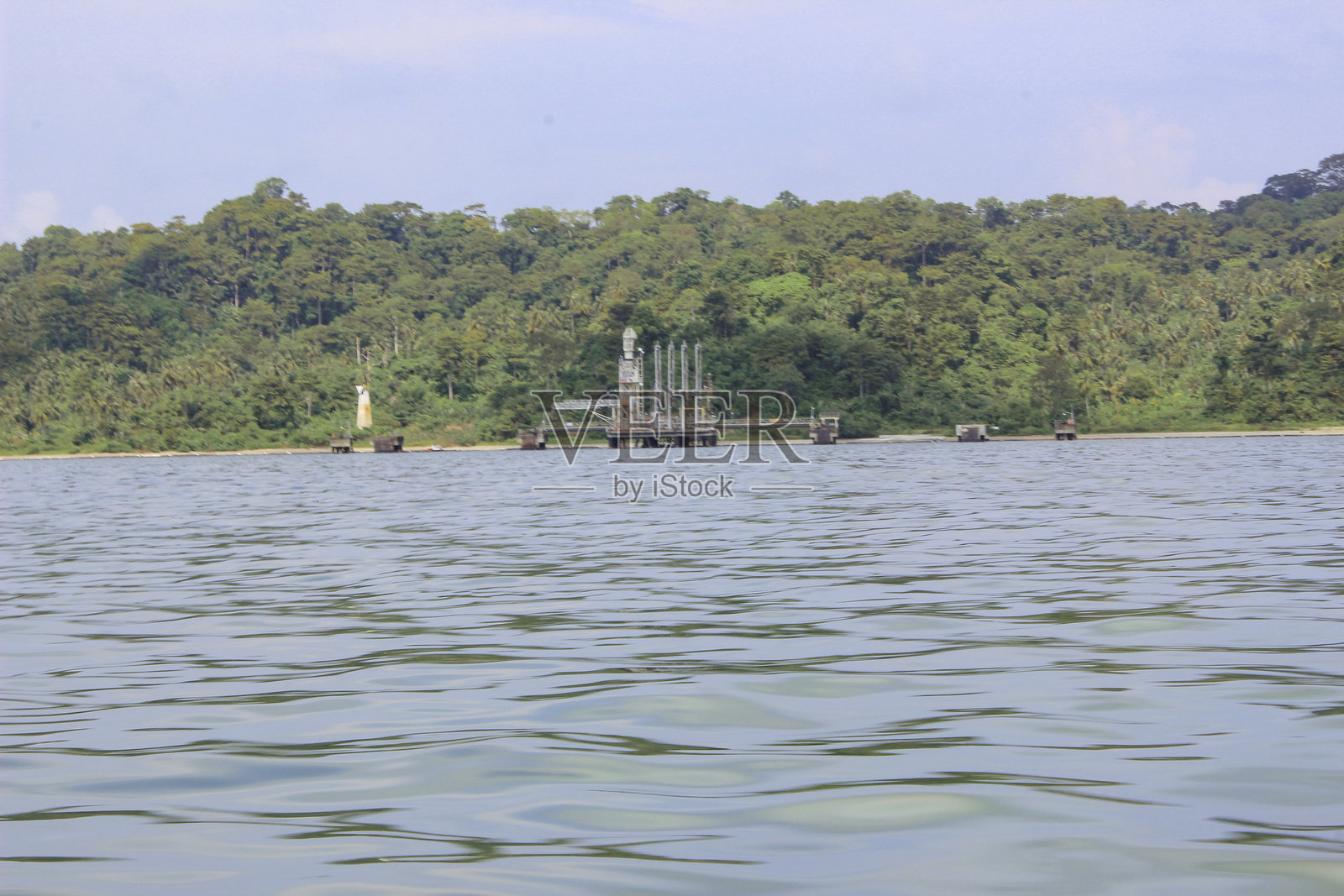 风景如画的海岸景观，绿树成荫的森林与工业码头照片摄影图片