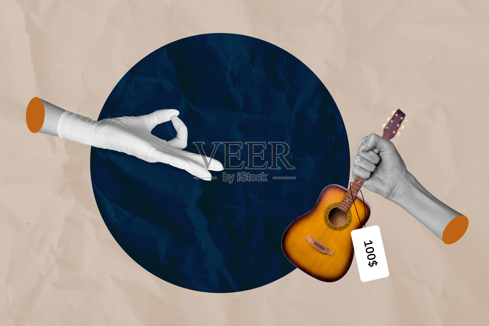 手势持吉他的人的海报拼贴，背景为柔和色调照片摄影图片