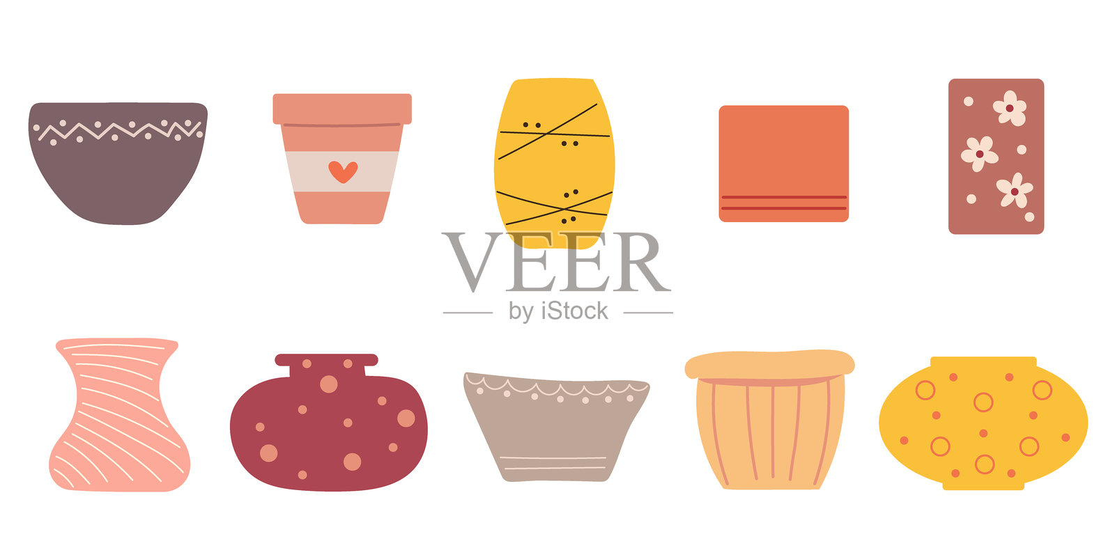 手绘植物花盆套装。花盆系列。插画图片素材